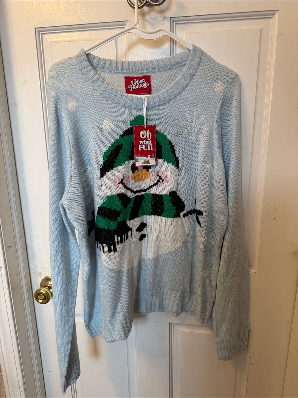 Urban Heritage Pale Blue Snowman Holiday Sweater with Green Scarf